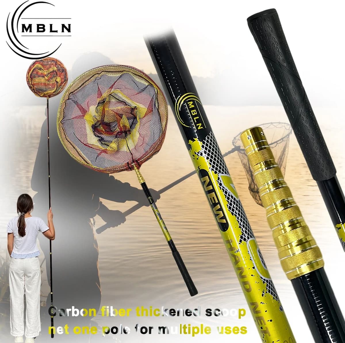 NONE 1pc MBLN Carbon Landing Net, 3m Telescopic Pole, 50cm Aluminum-Magnesium Head, 322cm Length, Anti-Slip Ergonomic Handle