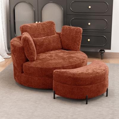 unbranded "Modern 50""W Oversized Swivel Accent Chair Set, Chenille Barrel Chair With Storage Ottoman"