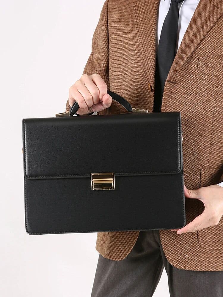 NONE Luxury Combination Lock Briefcase PU Leather Men'S Square Document 14 Inch Laptop Shoulder Large Capacity Business File Bag