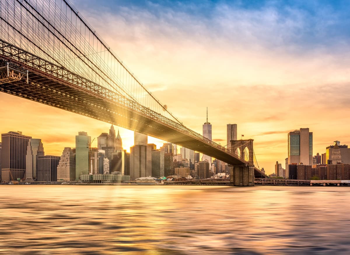 Fototapete PAPERMOON "Brooklyn Bridge Sunset", bunt, B:4m L:2,6m, Vlies, Tapeten, Fototapete bunt B/L: 4m x 2,6m, Bahnen: 8 Stk.