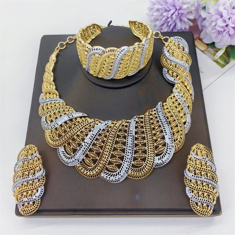 NONE Nigeria Original 18K Gold Plated Jewelry Set Women Big Bold Necklace Earrings Bracelet Ring Wedding Party Accessor