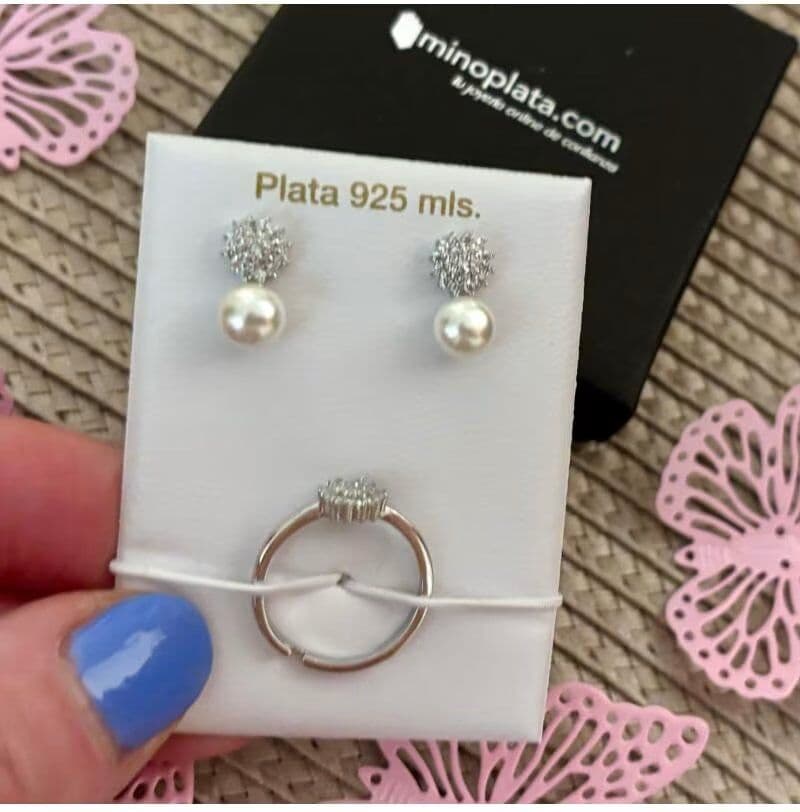 Minoplata Juego De Pendientes Y Anillo Para Comunión En Plata Rodiada Con Perla Talla Única Mujer