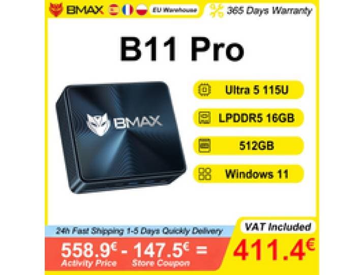 BMAX B11 Pro Mini PC Intel Ultra 5 115U 16GB LPDDR5 4400MHz RAM 512GB SSD Windows 11 WiFi 6 USB HDMI Type-C Bluetooth 5.2