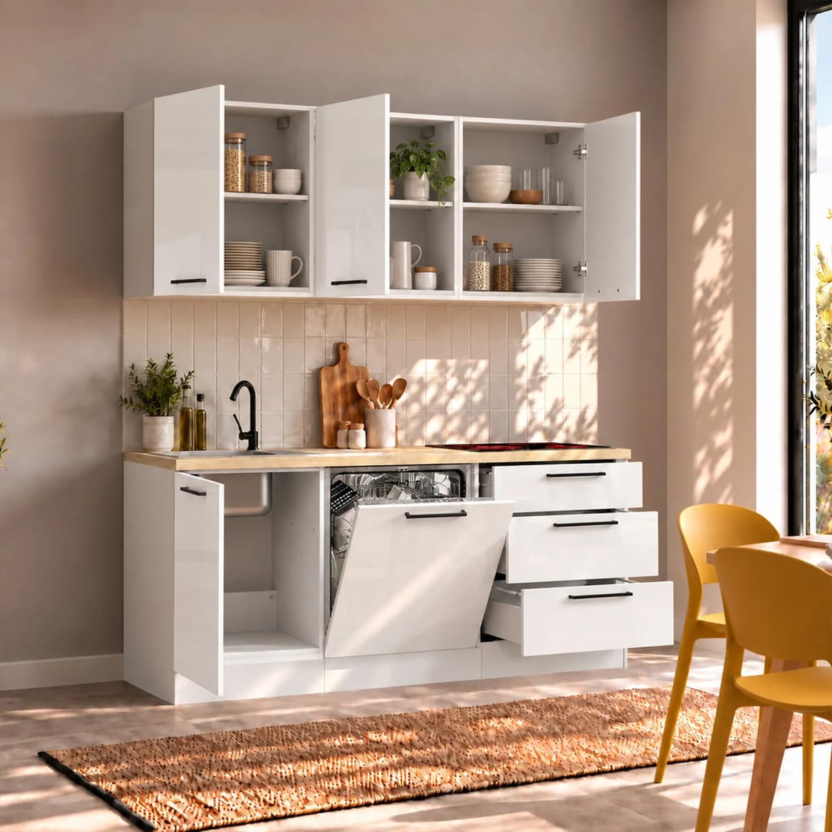 garneroarredamenti Cucina lineare 180cm completa componibile bianco lucido e opaco rovere Dresda