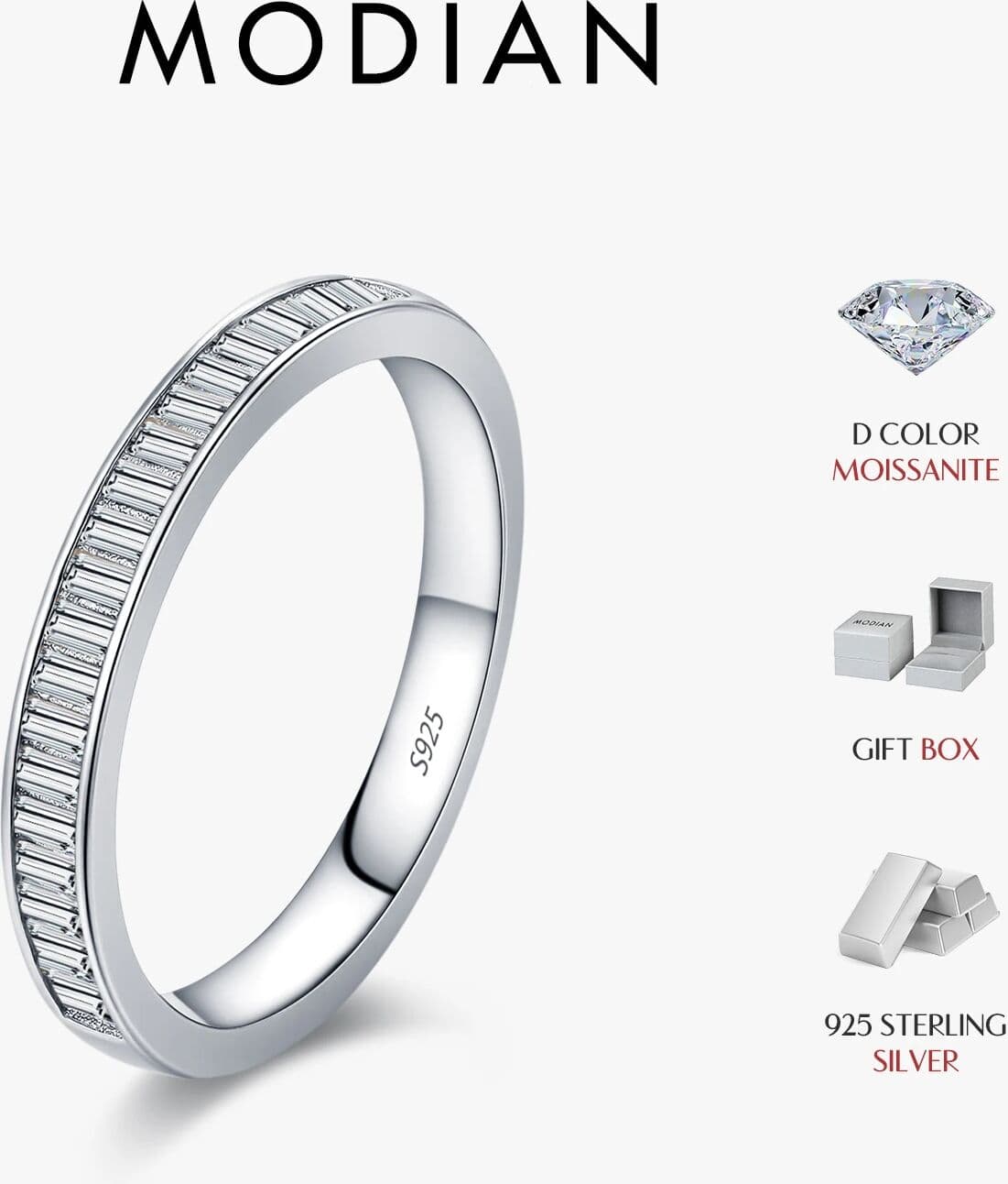 MODIAN Dazzling D Color Rectangle Moissanite Stackable Rings 925 Sterling Silver Eternity Band Rings For Women Fine Jewelry