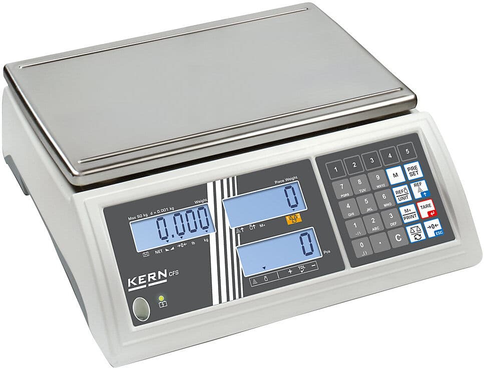 Zählwaage, hohe Auflösung, Wägebereich bis 50 kg, Ablesbarkeit 1 g, Wägeplatte 370 x 240 mm KERN