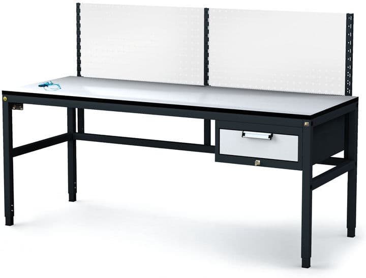 Alfa 3 Antystatyczny stół warsztatowy ESD z panelem perforowanym, 1 skrzynka szufladowa na narzędzia, 1800 x 800 x 745-985 mm