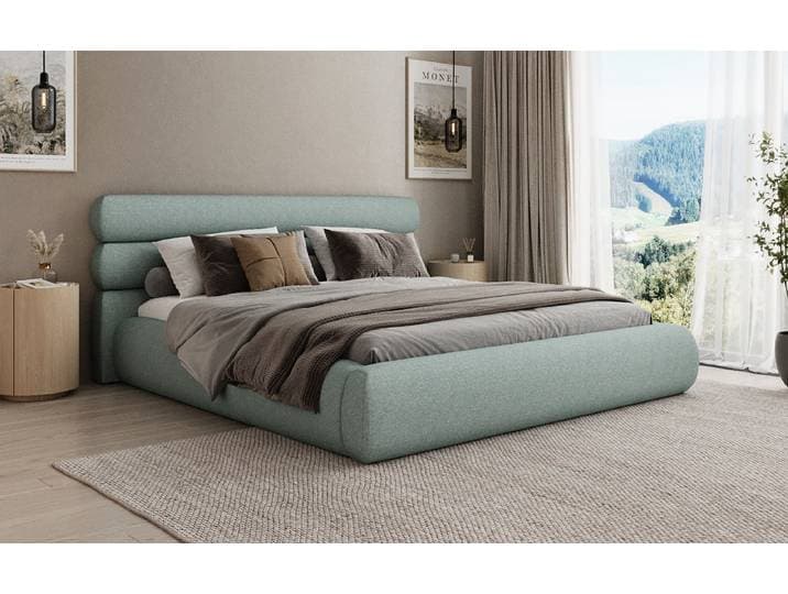 Designer Polsterbett Joline in Strukturstoff mit Stauraum - 140x200 - Grün - Luxusbetten24