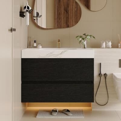 Loedds 29.9-inch Floating Bathroom Vanity with Ceramic Sink, 2 Soft-Close Drawers, Artificial Marble Top and Modern Design