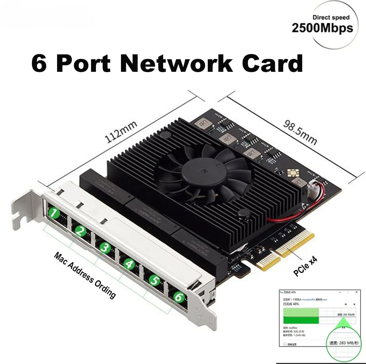 lekuo 6 Ports 2.5G PCIe X4 Network Card RJ45 2500Mbps NIC Realtek 8125b Chip for 2.5 Gigabit Vision Industrial Camera Capture Nas
