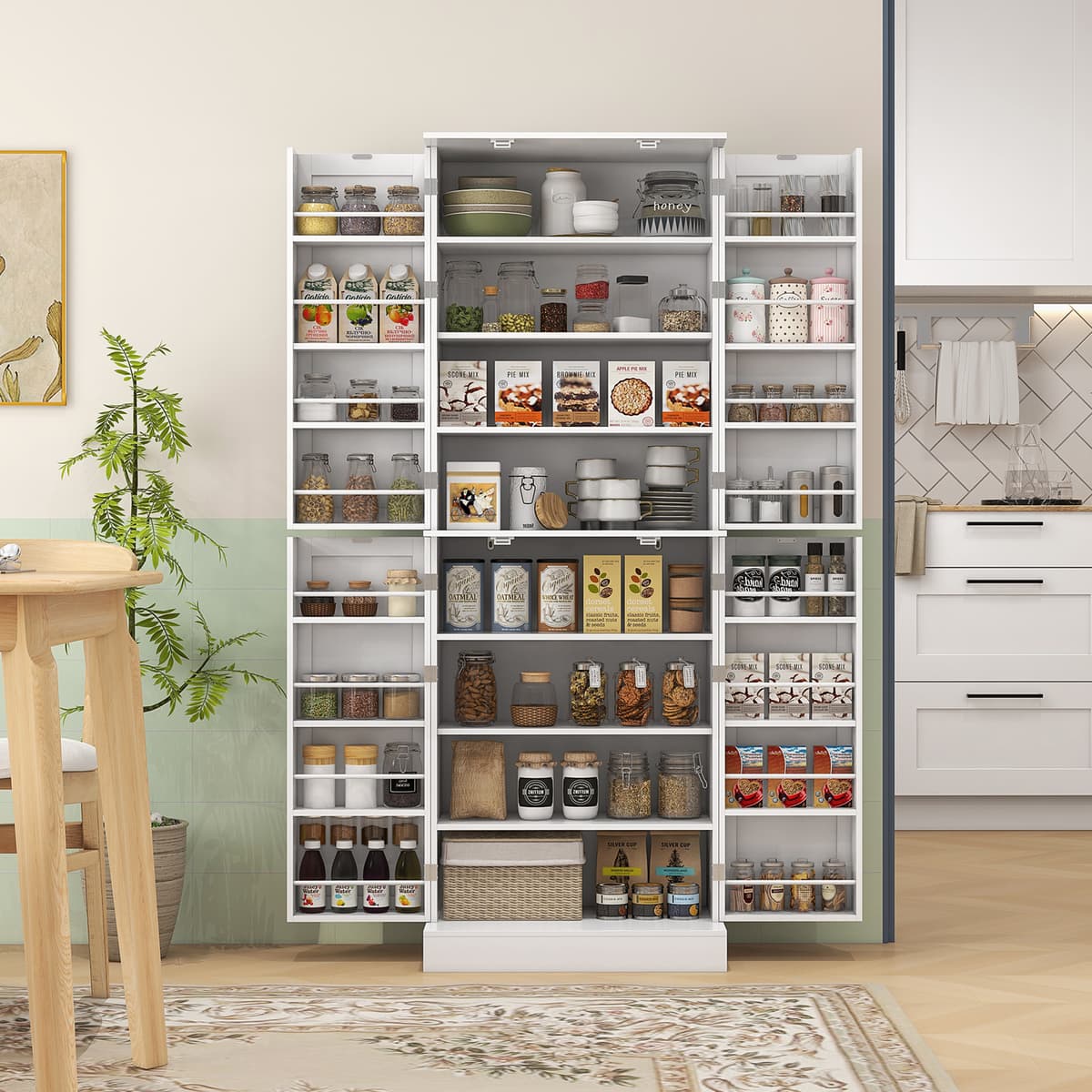 Homcom Credenza cucina con 16 portaspezie, ripiani regolabili e 4 ante, 60x35x166 cm, bianco   Aosom Italy