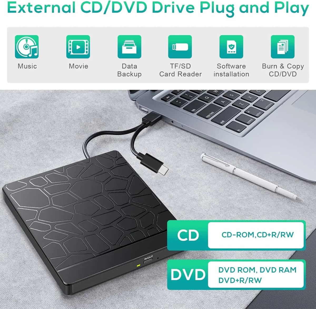 NONE External CD DVD Drive with SD TF Slot & USB Ports, USB 3.0 Type-C Portable CD DVD +/-RW Drive Reader Burner Rewriter for laptop