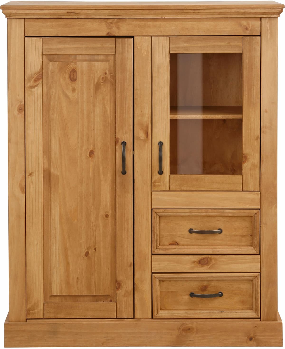 Highboard GOODPRODUCT "Selma Vitrine mit 2 Türen, eine davon mit Glaseinsatz und 2 Schubläden", beige (natur gebeizt, gewachst), B:100cm H:120cm T:38cm, Sideboards, Highboard, aus massivem Kiefernholz, mit einer natürliche Maserung, Metallgriffe natur geb