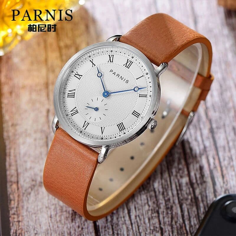 Parnis 40mm Miyota Quartz Movement Men's Casual Watch Small Second Leather Band