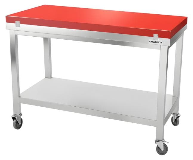 Arbeitstisch aus Edelstahl, 1600 x 700 mm, mit roter Schneideplatte, auf Rollen, - GOLDINOX