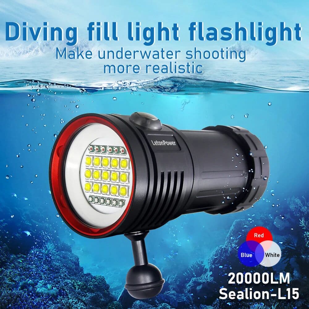 LetonPower Diving Flashlight 22800Lumens Rechargeable Underwater Lighting 100m Waterproof Torch For Photography Video Fill Light