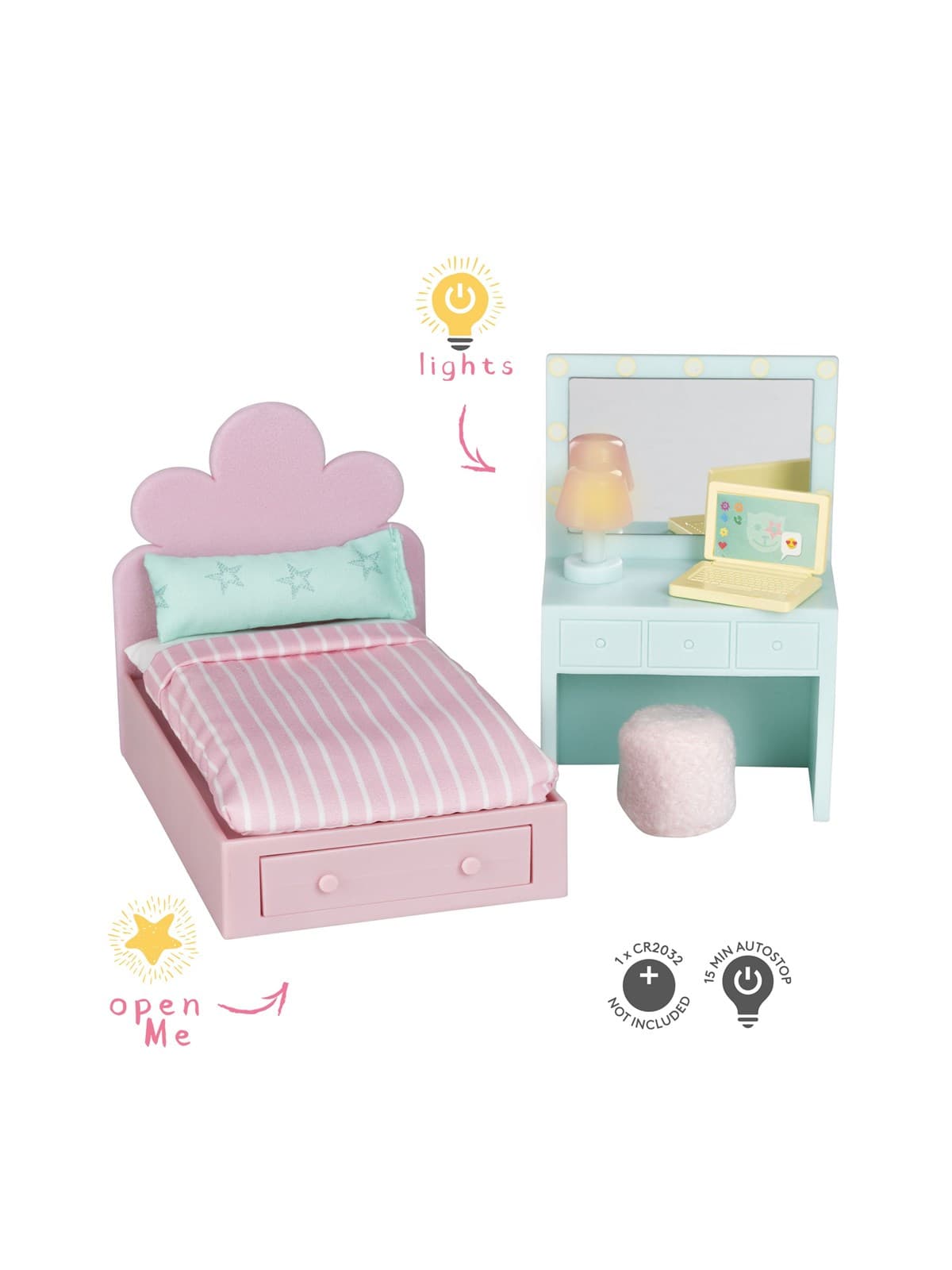 Micki Lundby Teenagerzimmer mit pinkem Bett, Schminktisch, Computer und Pouf. Lampe mit Licht, Schublade lässt sich öffnen. Benötigt 1x CR2032 Batterie (nicht enthalten). 15-Minuten-Autoabschaltung.