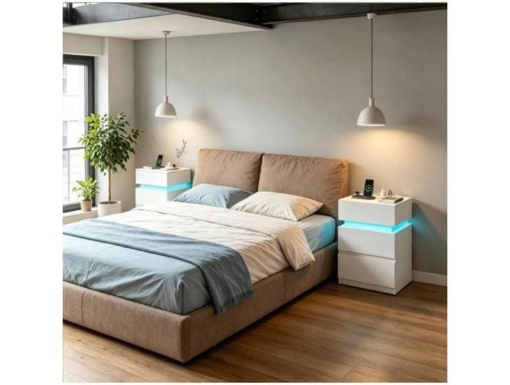 WOVREO Lot de 2 tables de chevet LED reglable avec station de charge 2 prises 2 USB bois blanc 40 x 35 x 55 cm