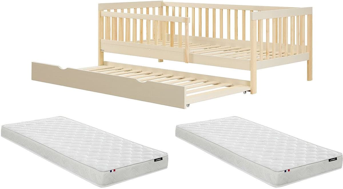 Vente-unique Lit 90 x 190 cm avec tiroir gigogne - Pin et MDF – Beige et Naturel + Matelas - PROVIATI