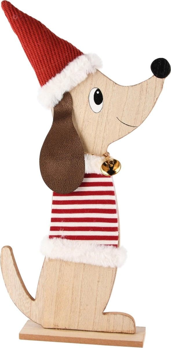 Decoratieve hond op voet, rood/naturel, hout, B: 20 cm, D: 5 cm, H: 32 cm