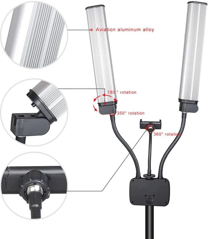 SZKOSTON 45W Flexible Double Arms LED Fill Light Beauty LED Video Lights 3000-5600K With Phone Holder for Tiktok Live Eyelash Extensions