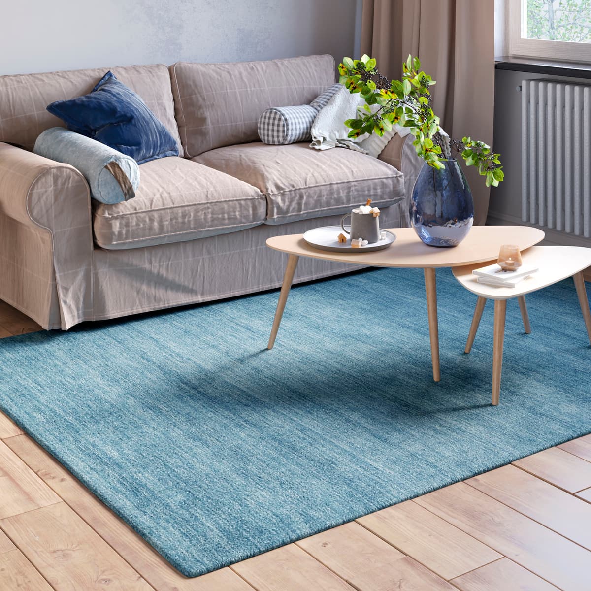 Wollteppich "Isra", blau, B:200cm H:1,5mm L:140cm, Wolle, MYFLAIR MÖBEL & ACCESSOIRES, Teppiche, Wollteppich, Kurzflor, Handweb Teppich, meliert, reine Wolle, handgewebt blau B : 200cm 1 Stk., 1,5mm, L: 140cm