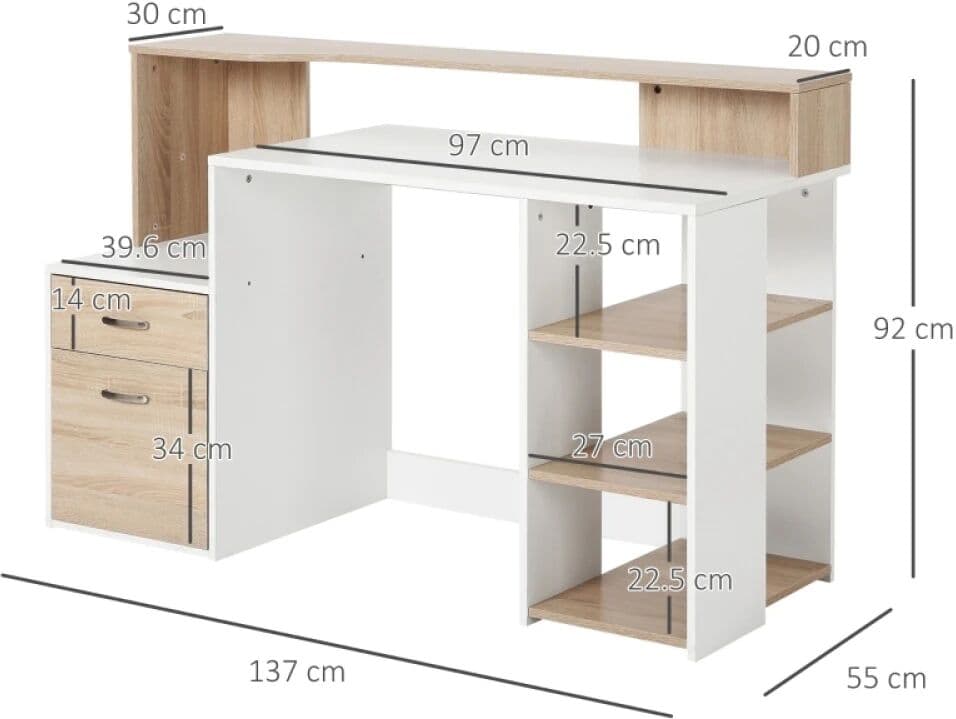 PINGGO Computer Desk with Drawers and Storage Shelves, Office Desk Writing Table with Printer Stand, Large Workstation
