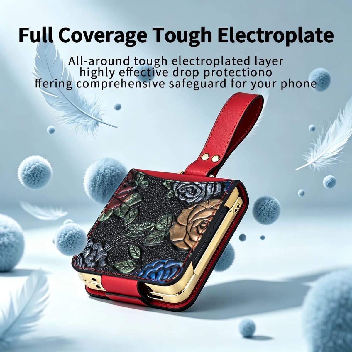 NONE VIETAO PU Leather Phone Case for Galaxy Z Flip 8/7/6/5/4/3 with Card Slots And Wrist Strap 3D Relief Painting Design For Women