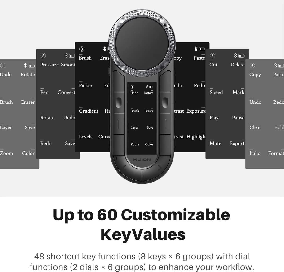 HUION k40 Keydial Remote Bluetooth Keypad with Dual Dials 60 Customizable Keys, OLED Display and Macro Functionality for Drawing