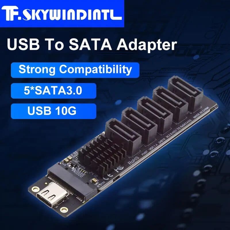 T.F.SKYWINDINTL 10Gbps USB-C Type-C to NGFF Key B+M SATA 6Gbps 5 Ports Adapter Converter PM Port Multiplier Selector JMB575 JMS580