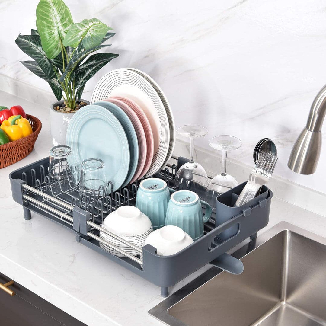 Belfry Kitchen Stephenson Adjustable Plastic and Stainless Steel Dish Rack Grey 11cm H X 34cm W X 31.5cm D
