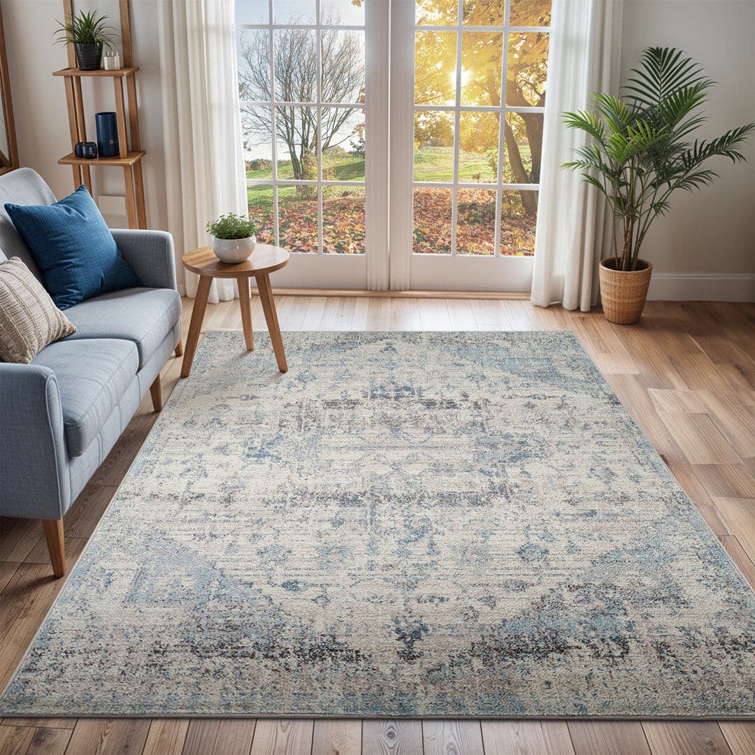 Blue Elephant Oriental Area Rug Ivory;Brown;Blue;Gray Rectangle 157 x 213 cm