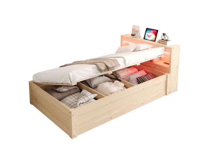Chicfurn Bett 90/200 cm in Holzfarbe mit Bettkasten und Led, Naturfarben, Teilmassiv,Kiefer, Rechteckig, 90x200 cm, Schlafzimmer, Betten