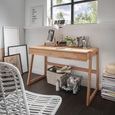 Laptoptisch HOME AFFAIRE "Dura - Holzschreibtisch aus Massivholz mit Soft-Close Schublade", braun (buche), B:126cm H:77cm T:55cm, Tische, Hochwertig & langlebig. Schreibtischaufsatz separat bestellbar