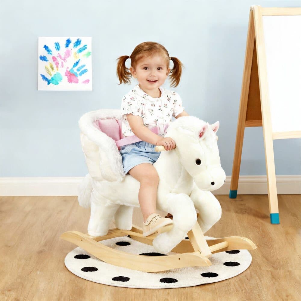 Tectake Caballo balancín de peluche, desde 18 meses, con cinturón, blanco