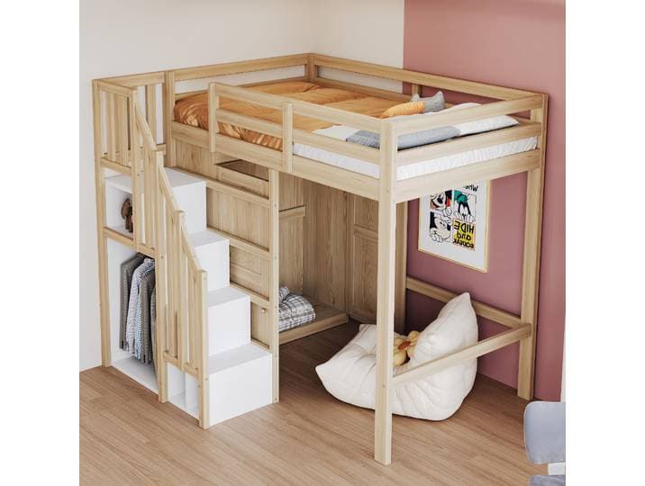 Lit mezzanine 90*200cm, avec rangement, échelle de sécurité et armoire de rangement ; lit simple, lit pour jeunes, lit pour enfants