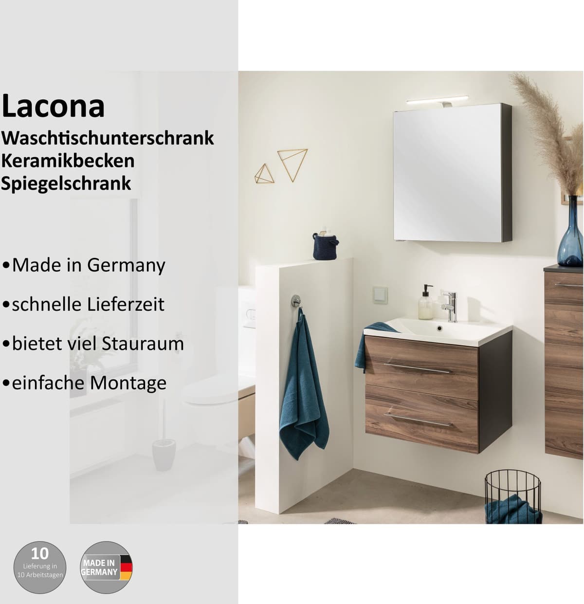 Badmöbel-Set WELLTIME "Lacona", grau (korpus anthrazit matt, front optik nussbaum), zerlegt zur Selbstmontage, wandhängend, Kastenmöbel-Sets, Badmöbel-Set