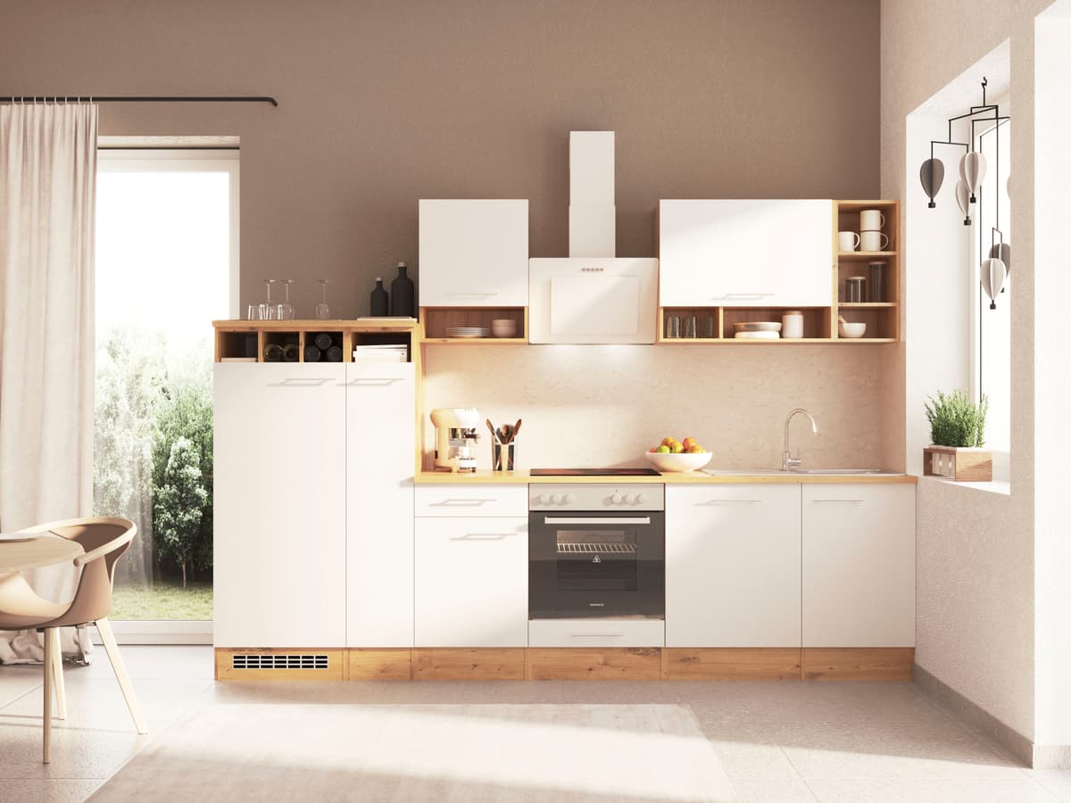 Küche RESPEKTA "Hilde", weiß (küche: weiß, front: weiß, korpus: wildeiche nachbildung, arbeitsplatte: wildeiche nachbildung), B:310cm H:205cm T:60cm, Komplettküchen-Sets, Küche, Breite 310 cm, wechselseitig aufbaubar, exkl. Konfiguration für OTTO