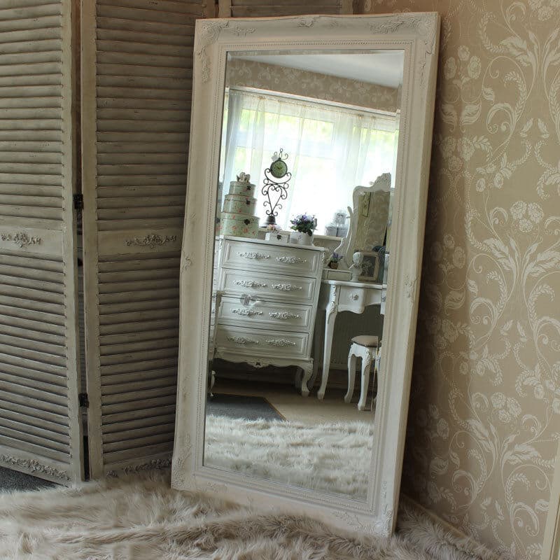Extra Large White Antique Wall/Floor Mirror 158cm x 78cm Glass, Wood, Resin