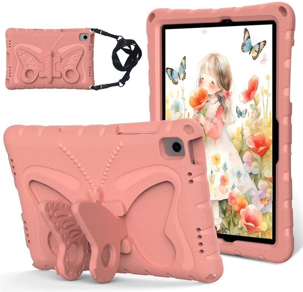 Samsung Galaxy Tab A11+ (Plus) / A9+ (Plus) EIDERWOOD Børne Cover - Butterfly Kickstand Cover m. Skulderstrop - Lyserød