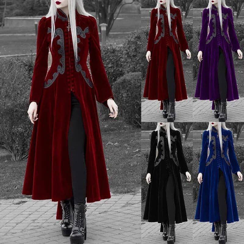 APRIL MODA 2025  Vintage Women Long Sleeve Velvet Tailcoat Jacket Gothic Dress Autumn Vampire Trench Outerwear Medieval Cosplay Costume