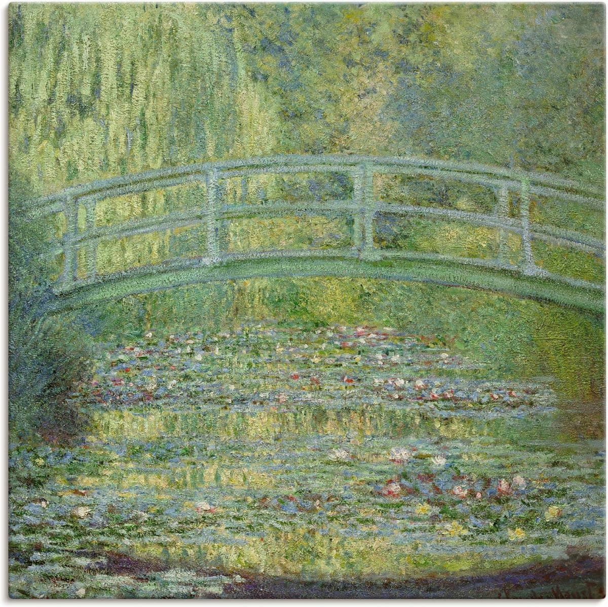 Leinwandbild ARTLAND "Seerosenteich und japanische Brücke.", grün (farbe bild(er): grün), B:50cm H:50cm, Bilder, Leinwandbild, auf Holzrahmen gespannt farbe bild(er): grün B/H/T: 50cm x 50cm, Leinwandbild Gewässer quadratisch, 1 Stk.