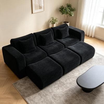 GDFStudio - Anti-Slip 3-Seat Modular Corduroy Sofa with 3 Ottomans & 32D High Resilience Sponge