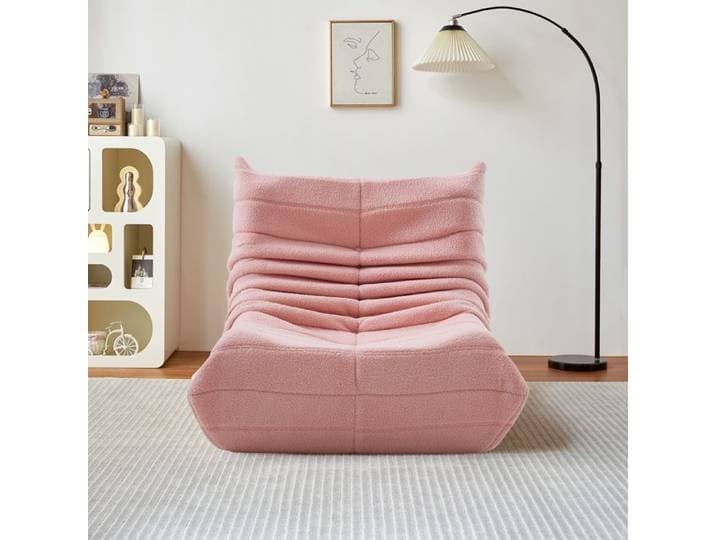 Pouf en Polaire Ultra-Douce Plissé Rose Mousse Haute Densité Sans Cadre Portable Effet Ressort pour Salon Chambre Bureau Café