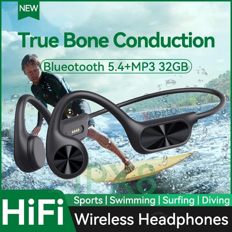 VAORLO Original Bone Conduction Wireless Headphones Bluetooth 5.4 32GB MP3 Player IPX8 Waterproof Swimming Sports HIFI Music Headsets