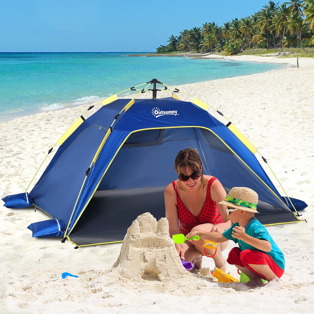 Altro Tenda Da Spiaggia Pop Up Per 2 Persone Con Finestre, In Fibra Di Vetro E Poliestere, 220x173x120 Cm, Blu Giallo