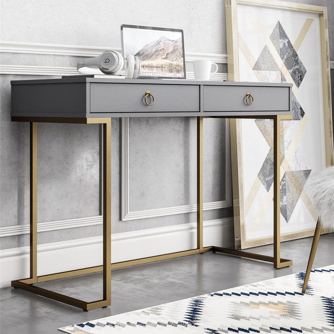 Inbox Zero Rectangle Writing Desk with Golden Metal Legs Graphite Grey 506.35cm H X 268.99cm W X 322.58cm D