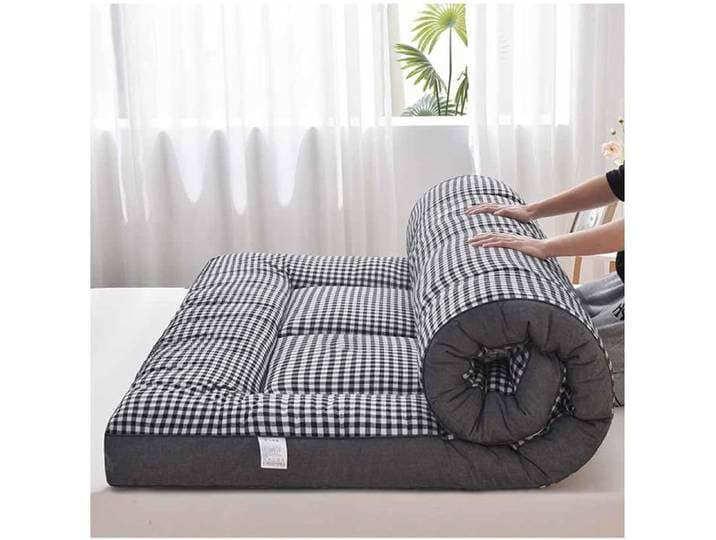 Matelas Futon Japonais Épais et Confortable Tapis de Couchage Tatami 90x200cm Motif Black Plaid Noir