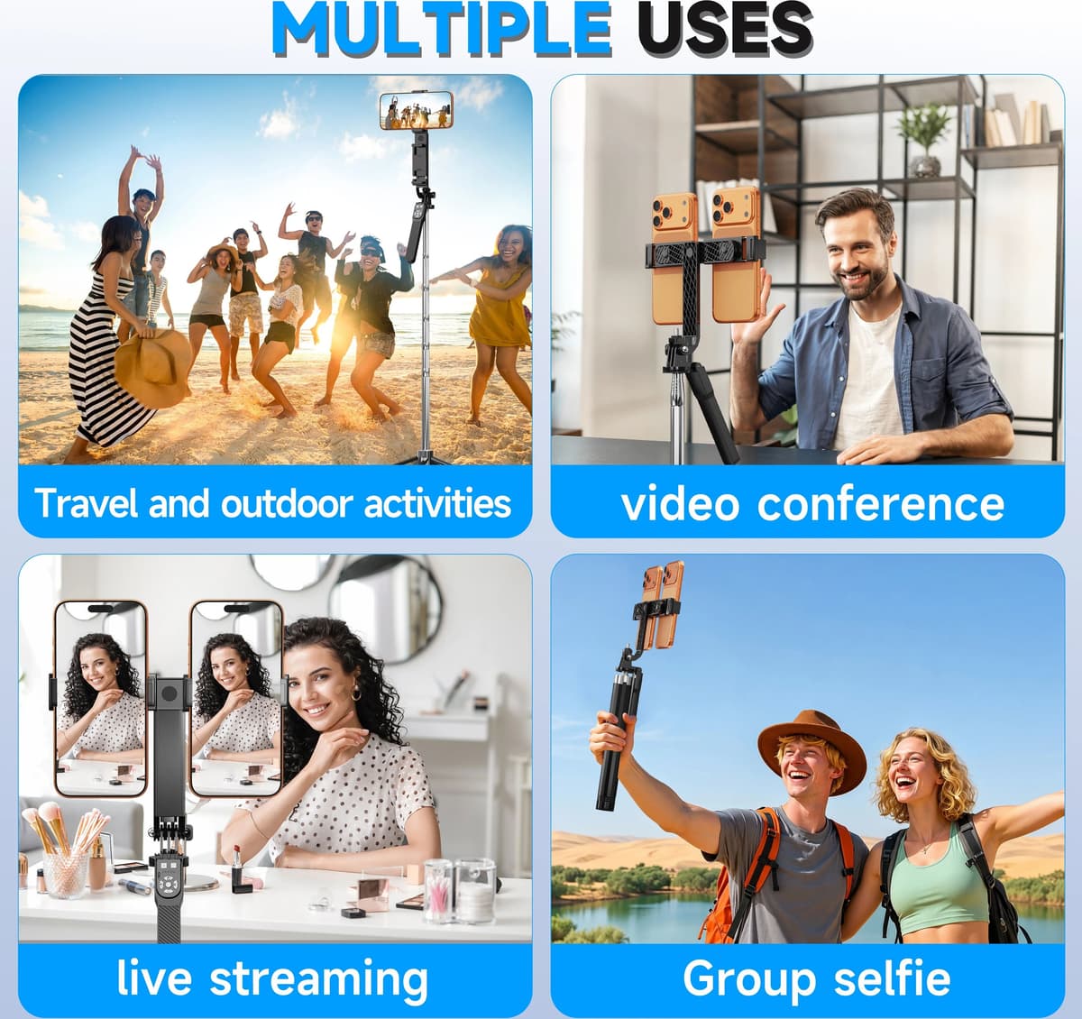 NeePho 185cm Extendable Selfie Stick Tripod NP-L9, Dual Phone Holder, Wireless Remote, Quadruped Stand, for Phone/Tablet/Gopro