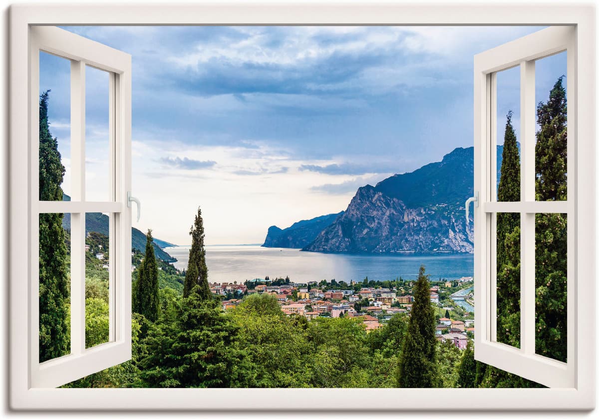 Wandbild ARTLAND "Gardasee durchs weisse Fenster", grün (farbe bild(er): grün), B:130cm H:90cm, Bilder, Wandbild, als Alubild, Leinwandbild, Poster in verschied. Grössen farbe bild(er): grün B/H/T: 130cm x 90cm, Leinwandbild Seebilder Querformat, 1 Stk.